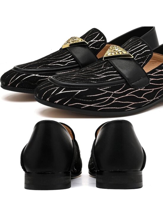 FQEQNQG Men\'s Black Velvet Loafers Metal Buckle Shiny Slip On Classic Shoes main image 4